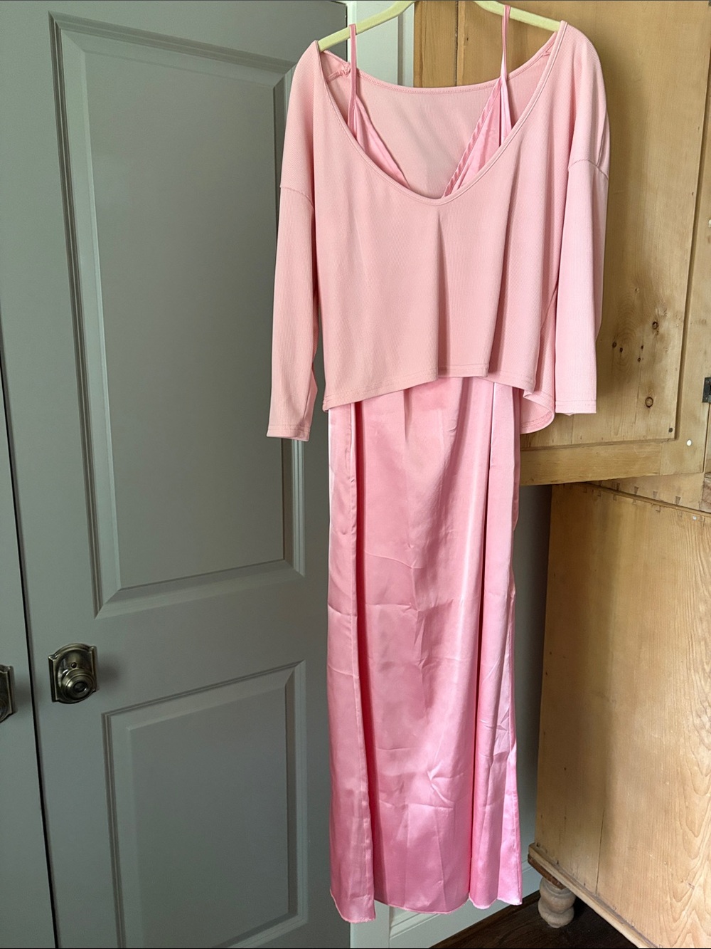 Women's Pink Two-Piece Dress Set, V-Neck Top & Satin Slip Dress